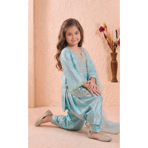Elegante traje palazzo farshi bordado para niñas con top de diseñador y dupatta palazzo, confeccionado en seda de cristal romano para ocasiones festivas. - Product Image 3