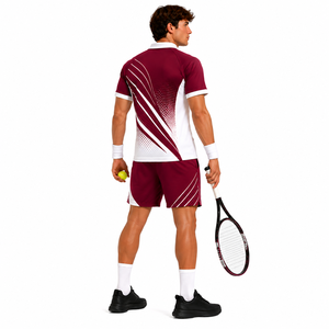 Conjunto de Camiseta y Pantalones Cortos de Tenis para Hombre, Color Granate y Blanco, Sublimado, 100% Poliéster, Absorbe la Humedad, Cintura Elástica, Personalizable para Equipos, Deporte de Verano - Product Image 6