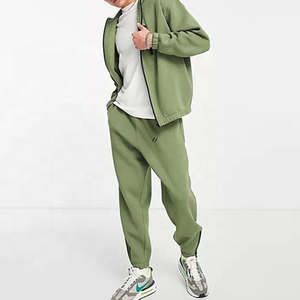 Ensemble de survêtement unisexe vert olive, manches longues, fermeture éclair, couleur unie, vêtements décontractés avec poches latérales, style automne - Product Image 1