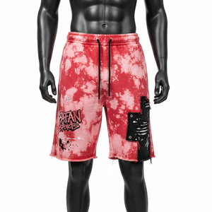กางเกงขาสั้นผ้าฝ้ายฟลีซย้อมสีเอซิด แดง ขาว ลายมัดย้อม ดำ แต่งผ้าแบบแอพพลิเค พร้อมสกรีนโลโก้ตามสั่ง เอวแบบรูดเชือก สำหรับผู้ชาย - Product Image 6