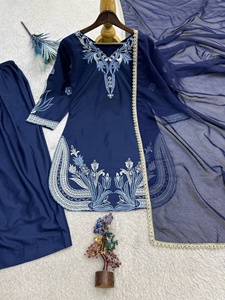 Ensemble Salwar traditionnel pour femmes, bleu marine, brodé, avec dupatta, pour occasions spéciales, style Inde-Pakistan - Product Image 2