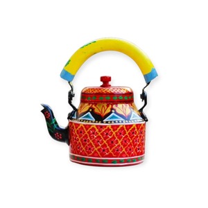Tetera de Metal Roja Pintada a Mano, Redonda, con Diseño Floral Geométrico, Estilo Folclórico, para Servir Bebidas, Pieza Decorativa Única para Estante de Sala de Estar - Product Image 2
