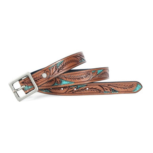 Super Quality Hand Carved Leaf Embossed Brown Western <b>Leather</b> <b>Tooling</b> Belt for Unisex with Matt Silver Brass Buckle - Product Image 5