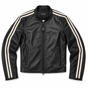 FURAT LEATHERS Blouson Moto Homme en Cuir Noir Respirant Col Montant Fermeture Éclair Manches à Bande Blanche sur le Devant Coupe Classique - Product Image 1
