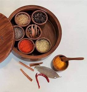 Handcrafted Wooden Spice Storage <b>Box</b> with Intricate Mandala Carved Lid Multi Compartment Masala Organizer for Kitchen Use - Product Image 4