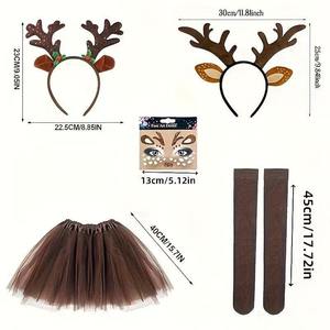 Diadema navideña para adultos con cuernos de reno, tutú, calcetines, conjunto de disfraz, accesorios para la cabeza y falda, set de pegatinas faciales - Product Image 6