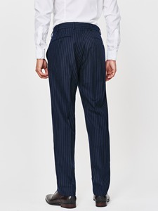 Costume pour homme adulte en mélange de laine à fines rayures bleu marine, simple boutonnage, col à revers, style professionnel, infroissable, grande taille, coupe droite - Product Image 4