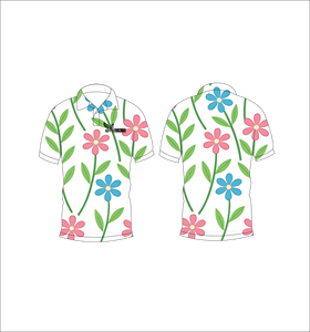 เสื้อโปโลลายดอกไม้สีชมพูสีฟ้า ลายก้านใบสีเขียว แขนสั้น ลำลองสำหรับฤดูร้อน มุมมองด้านหน้าและด้านหลัง - Product Image 3
