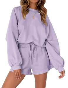 Hot Sale Women's Two Piece Sweatshirt Shorts <b>Set</b> Crew Neck Long Sleeve Loose Fit Casual Wear Solid Color Comfortable Outfit - Product Image 1