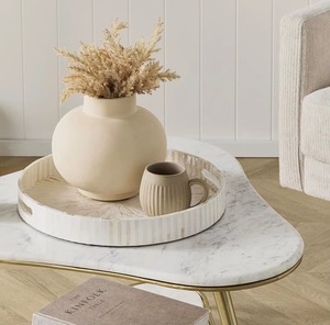 Bandeja decorativa redonda con asa, incrustaciones de nácar natural, estilo escandinavo, bandeja para servir en la mesa de café. - Product Image 1