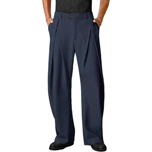 Pantalon large plissé en laine noire pour homme, coupe droite décontractée, taille élastique, style urbain - Product Image 2