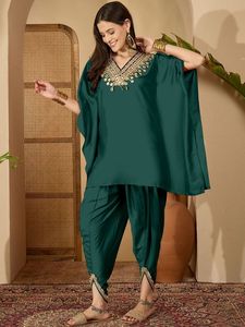 Women's Emerald Green <b>Silk</b> <b>Kurta</b> Set With Embroidery Ankle-Length Trouser Traditional Loose Fit Casual Wear India Pakistan Style - Product Image 1