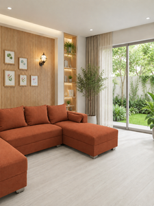 Sofá Seccional Moderno en Forma de L Color Naranja Union con Patas Metálicas y Respaldo Acolchado para Sala de Estar, Villa, Sofá de Gran Tamaño, Fabricante - Product Image 4