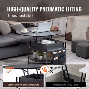Tavolino da Caffè Rotondo Nero da 35,3 Pollici con Piano Sollevabile e Tasche Extra per lo Stoccaggio, Combinazione Pop-up per Soggiorno - Product Image 3