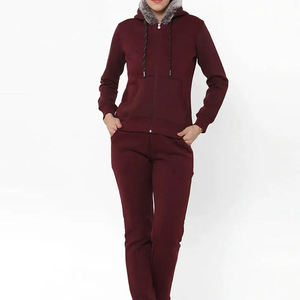 Ensemble de survêtement en molleton bordeaux à capuche, coupe ajustée, sweat-shirt zippé et pantalon, unisexe, décontracté, pour l'hiver, couleur unie, tricoté - Product Image 3