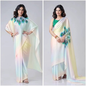 Trending Style New Fancy Crepe Silk Saree Prêt à Porter avec Kaftan Print Work et Full Stitched Blouse pour les Fêtes - Product Image 3
