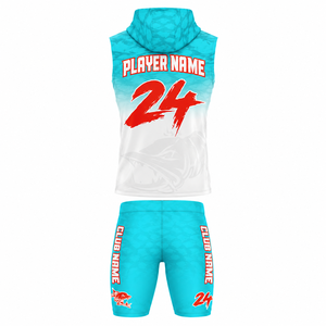 Tenues de basketball personnalisées MEGAMAPLE par sublimation, 100 % polyester, noir et bleu, respirantes, pour adultes, unisexe, ensemble maillot à capuche et short - Product Image 2