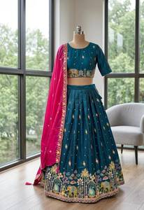 Lehenga de seda con bordado intrincado y detalles de elefantes y pavo real con hilo dorado, completamente cosido, listo para usar. - Product Image 5
