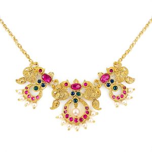 Gold Plated Peacock Designer Short Necklace Set with Zircon and Pearl - Product Image 2