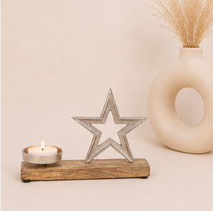 Handmade Christmas Candle Holder Elegant Aluminum Star Design With Sustainable Mango Wood Base <b>Festive</b> Table <b>Top</b> Centerpieces - Product Image 2
