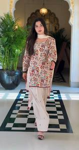 Pure Cambric Cotton Printed Modern Party Stretchable Wrinkle Free Kurti Farshi Pant Set Chiffon Dupatta Women's Floral Ethnic - Product Image 2