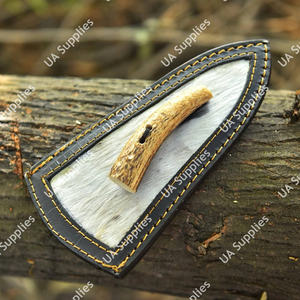 Funda para cuchillo de cuero de vaca con pelo, estilo escudo, con cierre de asta auténtica, borde negro, cosida a mano, funda vertical EDC para cinturón - Product Image 2