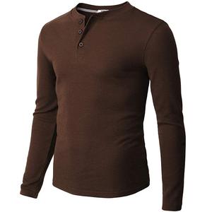 Camiseta de Hombre Personalizada, Nuevo Diseño, Cuello Redondo, Manga Larga, Botones, Tejido Sólido, Ecológica, Transpirable, 100% Algodón, Primavera-Verano - Product Image 1