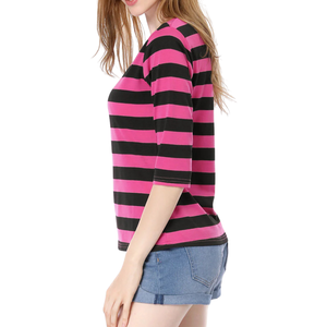 เสื้อยืดคอกลมลายทางสีตัดต่อผ้าฝ้ายออร์แกนิคสำหรับผู้หญิง สไตล์ลำลองใส่ได้ทุกวัน เหมาะสำหรับฤดูร้อน ขายส่งจำนวนมาก สไตล์สตรีท - Product Image 4