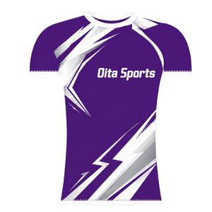 Camiseta Deportiva de Compresión, Manga Corta, Color Morado y Blanco, Cuello Redondo, Diseño Gráfico de Rayos, para Entrenamiento Atlético - Product Image 1