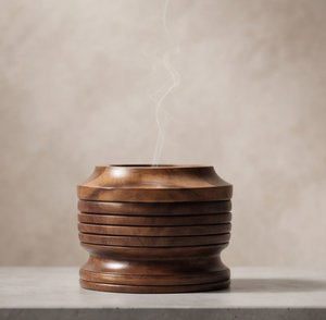 Porte-encens en bois de manguier fait main, brûleur rond en forme de bol, corps côtelé et rainuré, écran en maille métallique - Product Image 2