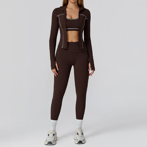Women Solid/Printed Custom Yoga Jacket <b>Sports</b> <b>Bra</b> Leggings 3 Piece Workout Activewear Set Contrast Stitch Front Logo - Product Image 3