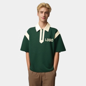 เสื้อโปโลแขนสั้นสีเขียวสำหรับผู้ชาย ผ้าออกซ์ฟอร์ดระบายอากาศได้ดี สไตล์พรีปปี้ พิมพ์ลายโลโก้ด้านหน้า ทรงปกติ - Product Image 1
