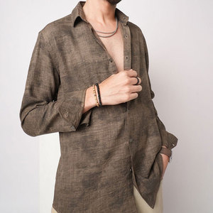 Camisa Casual de Lino y Algodón Marrón para Hombre, Manga Larga, Cuello Clásico, Transpirable, Color Sólido, Tejida, para Verano - Product Image 4
