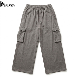 OEM <b>Men</b> Heather <b>Grey</b> Fleece <b>Cargo</b> Pants, Wholesale Heavyweight Cotton Terry Open Bottom Straight Leg Sweatpants Loose Fit - Product Image 1