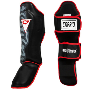 Protège-tibias Caprio personnalisés en cuir PU noir, antidérapants, protection professionnelle pour Muay Thai, Kickboxing, MMA, entraînement de boxe, OEM - Product Image 1