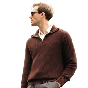 Herren Dunkelbrauner Strickpullover mit Viertelreißverschluss Langarm Gerippte Manschetten Lässiger Pullover Stehkragen Herbst Winter Mode-Bekleidung - Product Image 1