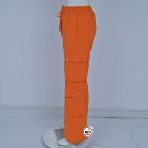 Premium Quality Mens Orange Fleece <b>Cargo</b> <b>Pants</b> <b>Elastic</b> <b>Waist</b> Drawstring Flare Leg Casual Autumn Wear Breathable Multiple Pockets - Product Image 4