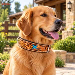 Collar de Perro de Cuero Repujado Estilo Western con Diseño Floral Cruzado y Forro Acolchado |   Collar Ajustable para Mascotas con Hebilla Metálica Hecha a Mano - Product Image 2