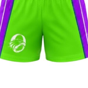 Unisex Neon Green Purple Sublimated Netball Shorts Polyester Lightweight <b>Athletic</b> Sports Wear Side Stripe Panel Team Training - Product Image 5