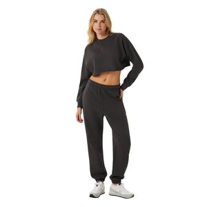 <b>Women's</b> <b>Black</b> Crew Neck Cropped Sweatshirt <b>Long</b> <b>Sleeve</b> Drop Shoulder Raw Hem Casual Pullover <b>Top</b> - Product Image 2