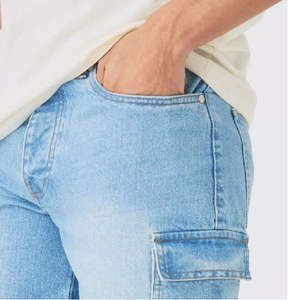 Shorts en jean premium pour homme, taille haute, coupe décontractée, multi-poches, délavé, couleur unie, séchage rapide, imperméable, style cargo, avec poches latérales - Product Image 4