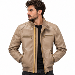 Blouson aviateur en cuir véritable beige pour homme, col montant, fermeture éclair, respirant, coupe-vent, écologique, style motard - Product Image 4