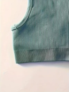 Notched Scoop <b>Neck</b> Seamless Exercise Crop Top Ribbed Underband Lift Training Bra <b>Padded</b> Wirefree Athleisure Running Vest - Product Image 6