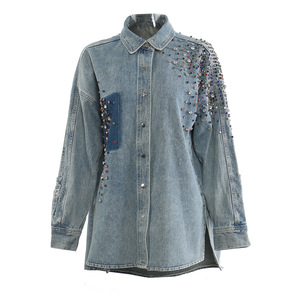 Nueva Chaqueta Vaquera de Moda Primavera 2026 para Mujer, con Solapa Irregular y Pedrería, Talla Grande - Product Image 4