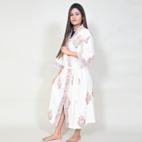 Robe longue pour femme, imprimée à la main, motif floral blanc, col en V, manches trois-quarts, vêtement de nuit décontracté, été/hiver, 100% coton, tissu gaufré