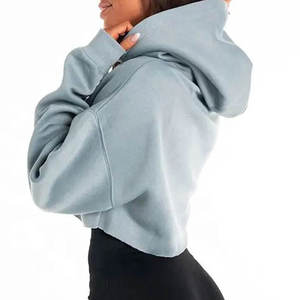 <b>Women</b> Cropped Hoodie Long Sleeve Solid Color Knitted Cotton Blend Casual Autumn Streetwear Pullover - Product Image 2