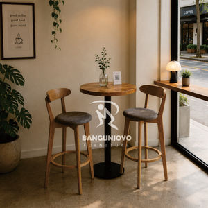 Bar Set Round Wood Table <b>With</b> Slat <b>Back</b> <b>Stools</b> Midcentury Modern Design For Home Bar Commercial Use - Product Image 1