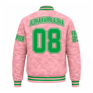 เสื้อแจ็คเก็ต Letterman ของ Aka Greek Apparel College สำหรับฤดูหนาว สีชมพู/เขียว เสื้อแจ็คเก็ตเบสบอลแบบ Varsity สั่งทำพิเศษ พร้อมปกตั้งและกระดุม - Product Image 6