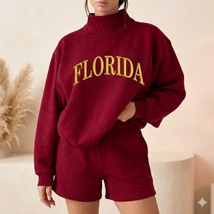 Ensemble court moderne et confortable à col montant pour femme, tenue deux pièces en peluche chaude, élégante et confortable pour les journées froides - Product Image 1