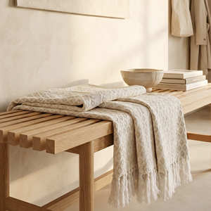 Manta de Cama Tejida de 125x150 cm, Color Marrón Tierra, con Bloques de Color, Diseño Costero a Rayas, de Algodón Rústico, Directo de Fábrica - Product Image 1